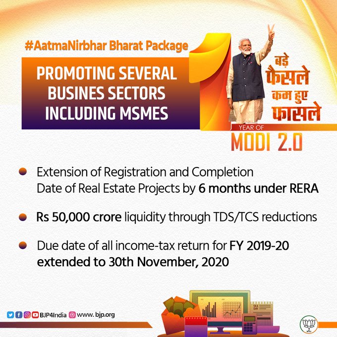 ANSPRASAD_TN's tweet photo. Thanks to @narendramodi_in
#Aatmanirbhar #Bharat Package: Promoting several business sectors including #MSMESs

Extension of registration and completion date of real estate projects by 6 months under #RERA.

Rs. 50,000 crore liquidity through TDS/TCS reductions.

#1YearofModi2 https://t.co/XlE56SBrK1