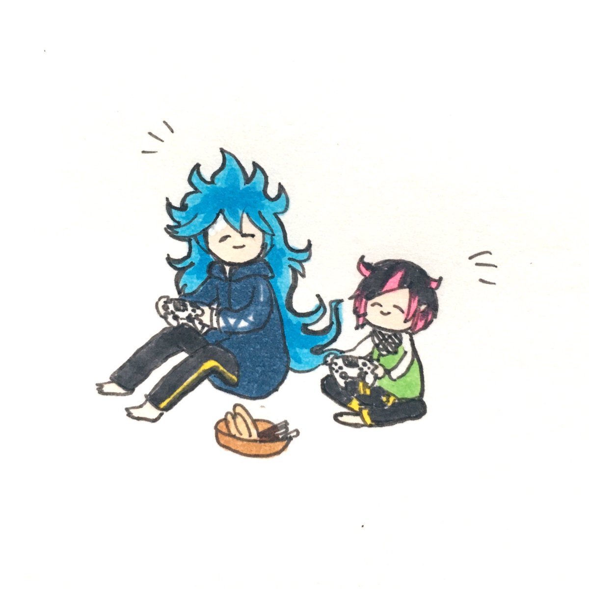 blue hair 2boys sitting multiple boys pink hair :3 long hair  illustration images