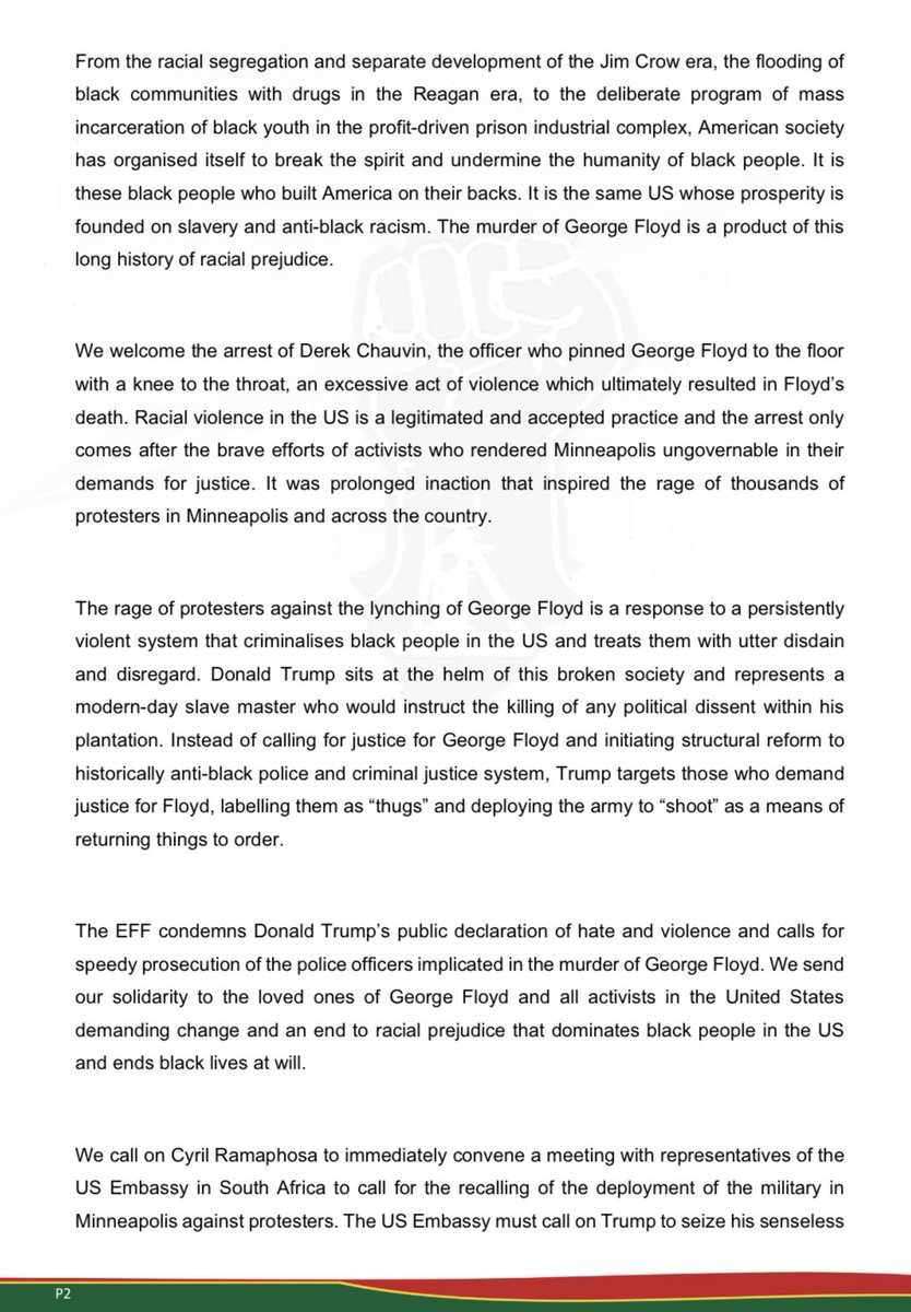 EFFSouthAfrica's tweet photo. EFF Condemns The Ruthless Murder of George Floyd and Police Violence Against African-Americans in the US. https://t.co/ypFHijrI0Z
