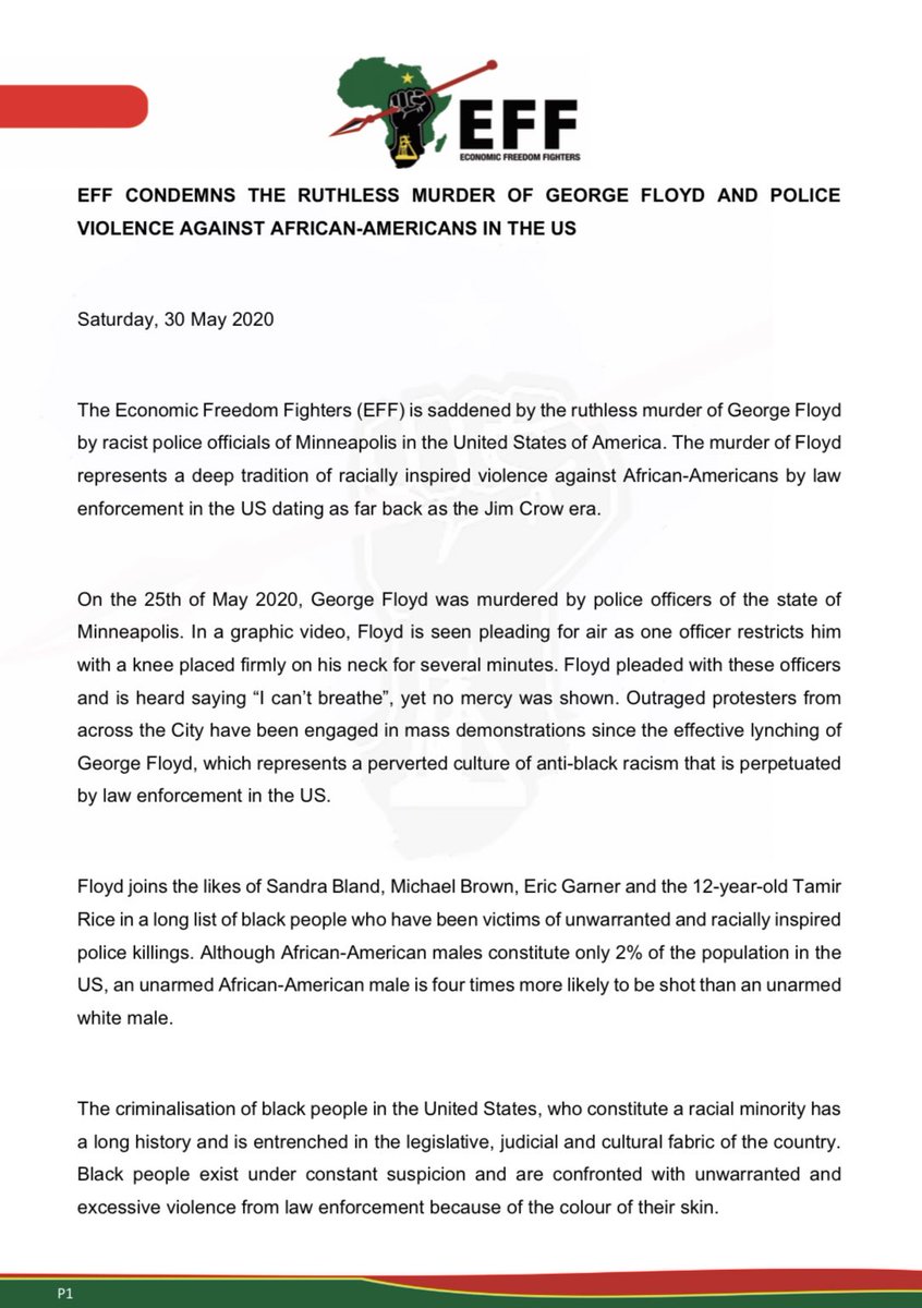 EFFSouthAfrica's tweet photo. EFF Condemns The Ruthless Murder of George Floyd and Police Violence Against African-Americans in the US. https://t.co/ypFHijrI0Z