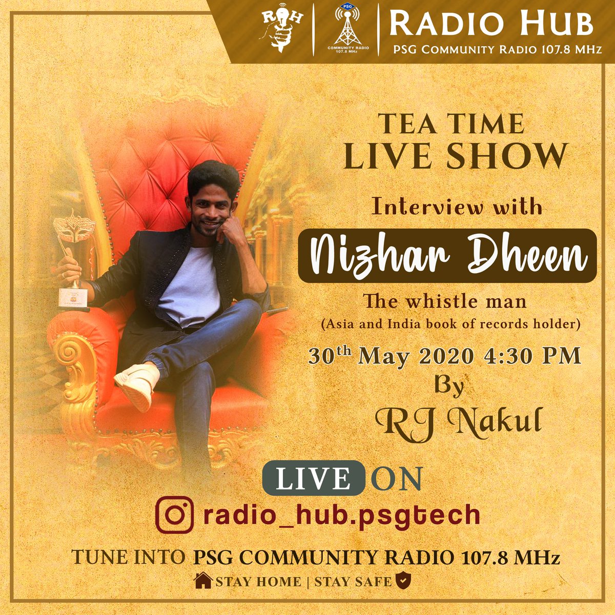 RadioHubPSGTECH's tweet photo. In the list of memorable interviews 🗣, here's adding another special show today evening with Mr Nizhar Dheen (Asia ,Limca and India 🇮🇳 books📚 of record holder on teeth whistling) by our Team RJ Nakul.
#TeaTimeLiveShow☕
#Whistle_Champion 🏆
#RecordHolder📕
#indianwhistler https://t.co/DbDhQw3PGe