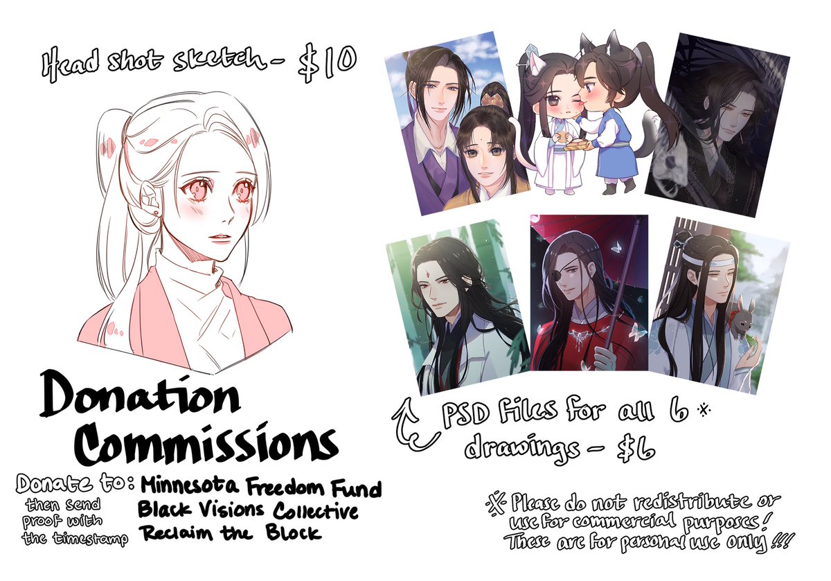 Hello friends! I'm opening commissions (10 slots for now) + giving out 6 psd files in turn for donations towards:
> Minnesota Freedom Fund
> Black Visions Collective
> Reclaim the Block
Please DM/email me proof of your donation (screenshot ✅) WITH a timestamp - new donations!