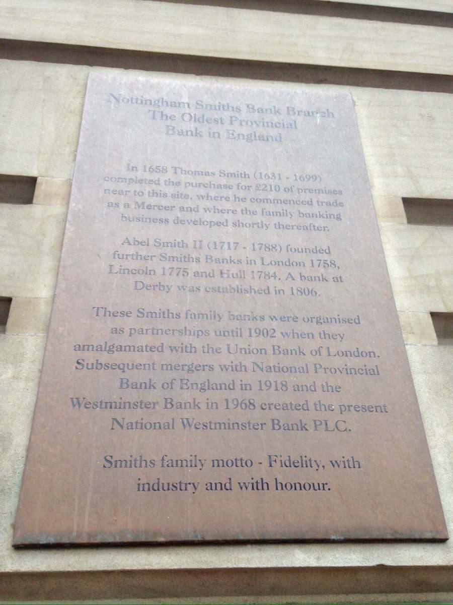 Smith's Bank was a series of banking partnerships in London owned by the Smith family 1658-1918. The first bank was established in #Nottingham by Thomas Smith on South Parade, dated to 1658, believed to be the first bank to be formed outside London.