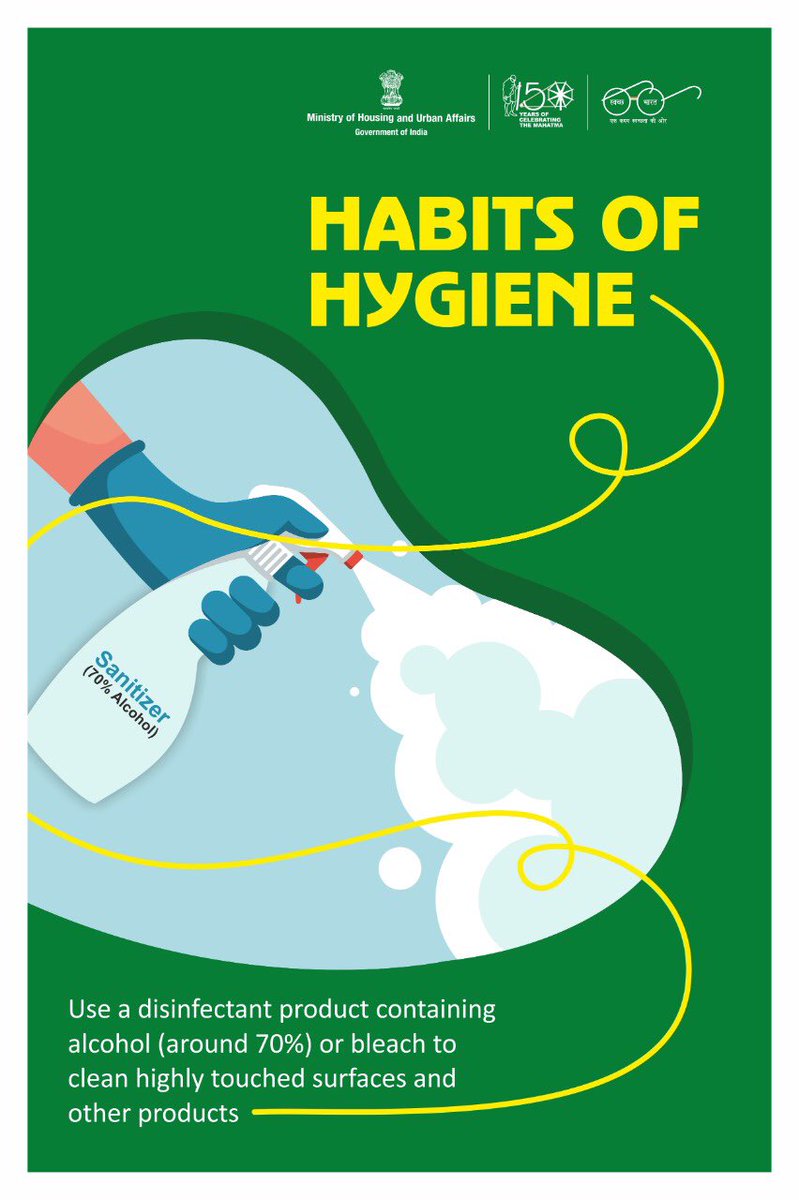 MoHUA_India's tweet photo. Practice &amp; preach! 

Clean highly touched surfaces in your house like door knobs, kitchen slab, window &amp; cupboard handles, etc everyday with a disinfectant containing around 70% alcohol or bleach.

Wear reusable gloves while cleaning and wash them afterwards.

#HabitsOfHygiene https://t.co/mqXP1q80ds