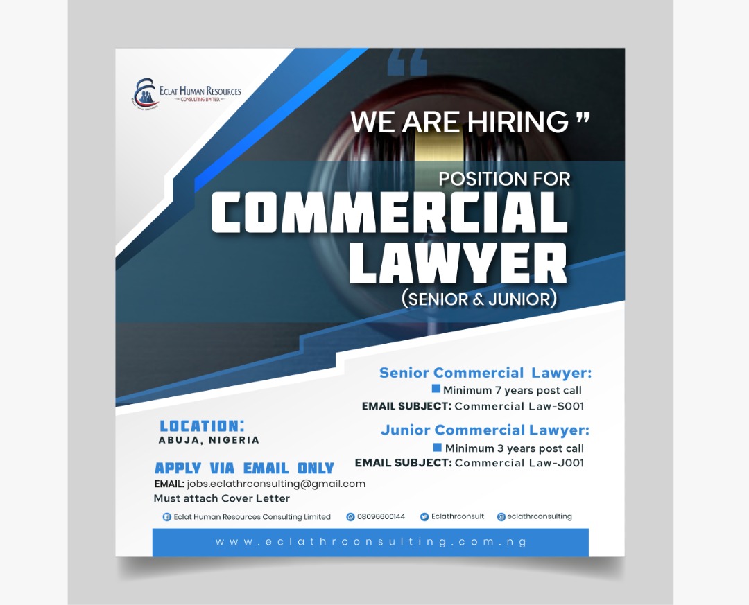 Cokesbaba's tweet photo. COMMERCIAL LAWYERS
Location: ABUJA
SUBJECT for senior: COMMERCIAL LAW S001
SUBJECT for junior: COMMERCIAL LAW J001
EMAIL: Jobs.eclathrconsulting@gmail.com
T&C APPLIES #lawyer #law #BSC
#followme @cokesbaba & TAG #cokesbaba #thecokesman on any #job, I'll #verify | #tweet https://t.co/XDSUp6LuOF