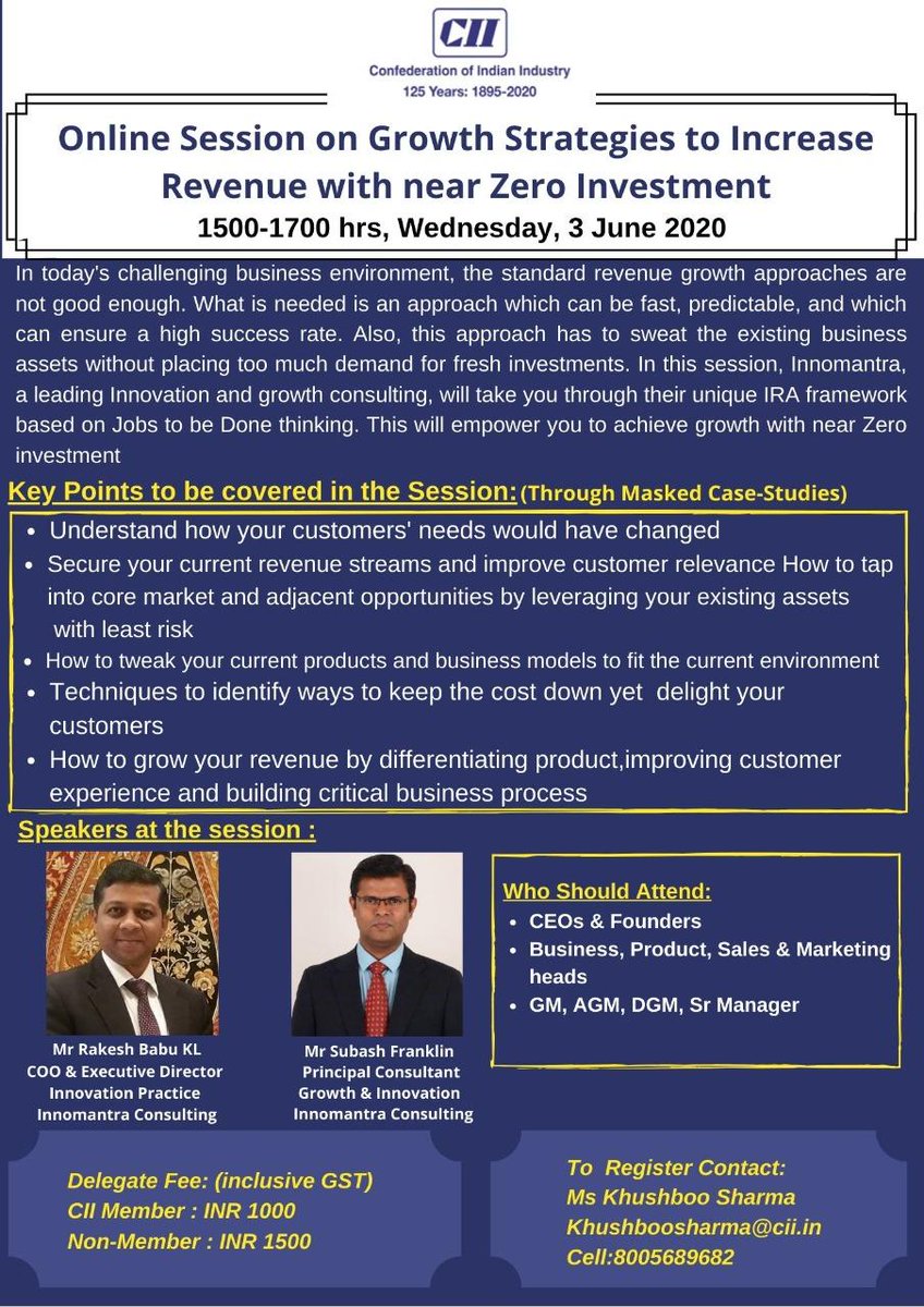 Revenue strategies we will be discussing:
1) Increasing relevance in core markets, new benefits &amp; claims
2) Identifying low-cost adjacencies
3) Portfolio gaps
4) NPD &amp; Business model innovation
<a href="/FollowCII/">Confederation of Indian Industry</a> 
<a href="/innomantra/">innomantra</a> 
<a href="/Lokesh_Mysore/">Lokesh Venkataswamy</a> 
<a href="/ideas_rakesh/">K.L Rakesh Babu</a> 
#Growth #revenue