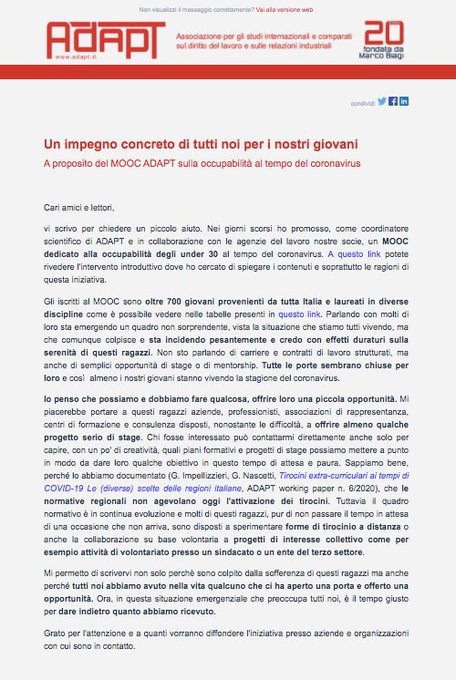 MicheTiraboschi's tweet photo. Al link che segue un video @ADAPTland con qualche ragionamento e una proposta concreta per la #Occupabilità dei nostri #Giovani al tempo del #Coronavirus https://t.co/qQlqZ4GZK5 https://t.co/SIfb1nB35m