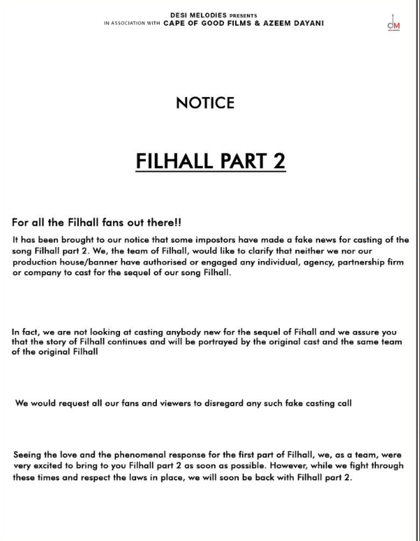 DelhiTimesTweet's tweet photo. .@akshaykumar issues a statement regarding #FilhallPart2, clarifies that neither the team nor the production house or banner have authorised any individual or agency to cast for the sequel
#AkshayKumar #bpraak #nupursanon #AmmyVirk #Filhall https://t.co/B3bjttb8Sr
