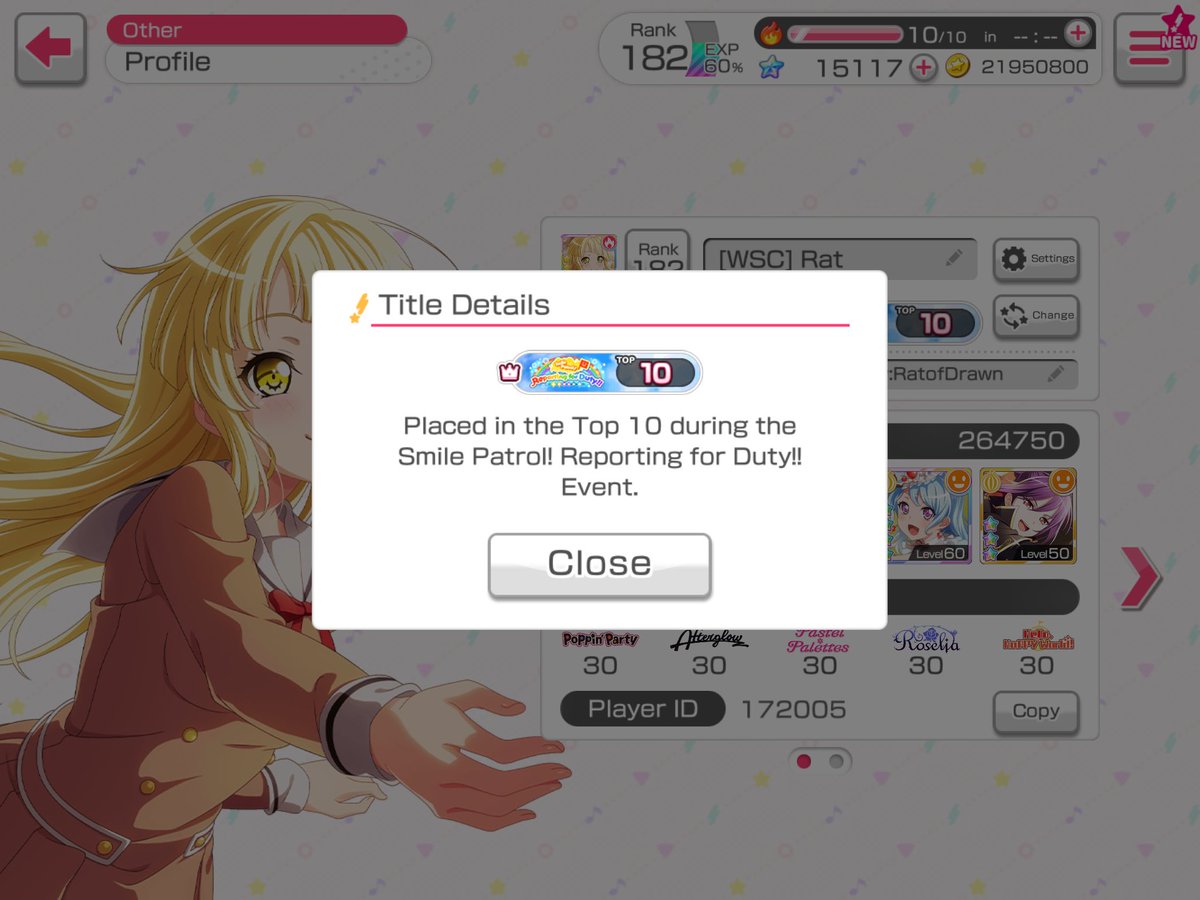 Ratsukare's tweet photo. 60h+ of tapping for a shiny title!

Thank you:
- WSC and Wisp for the kindness and support
- feathers for introducing me to tiering and feeding my love for Kokoro and mskk
- Friends for the encouragement
- My wife for food and fun
- My non-bandori followers for enduring my tweets https://t.co/lw6wwH9I4e