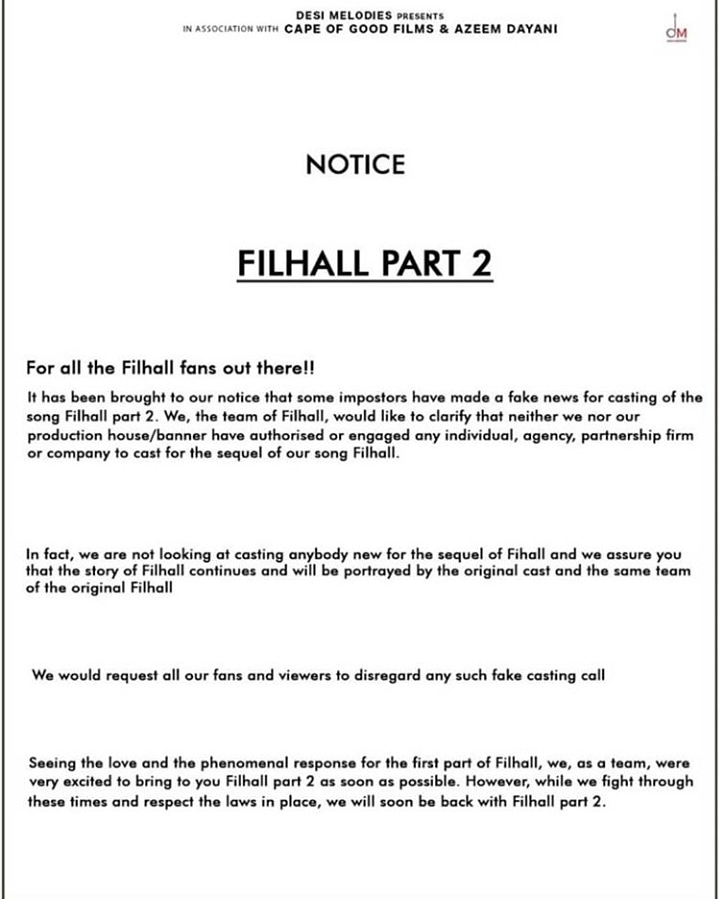 ReviewBollywoo1's tweet photo. IMPORTANT NOTICE ✖️
#Filhal #FakeNewsAlert #FakeCastingAlert
@NupurSanon @BPraak @AmmyVirk
@yourjaani @arvinderkhaira @azeem2112 @VarunG0707 @_hypepr #desimelodies #CapeOfGoodFilms @akshaykumar https://t.co/2UHwbivYnu