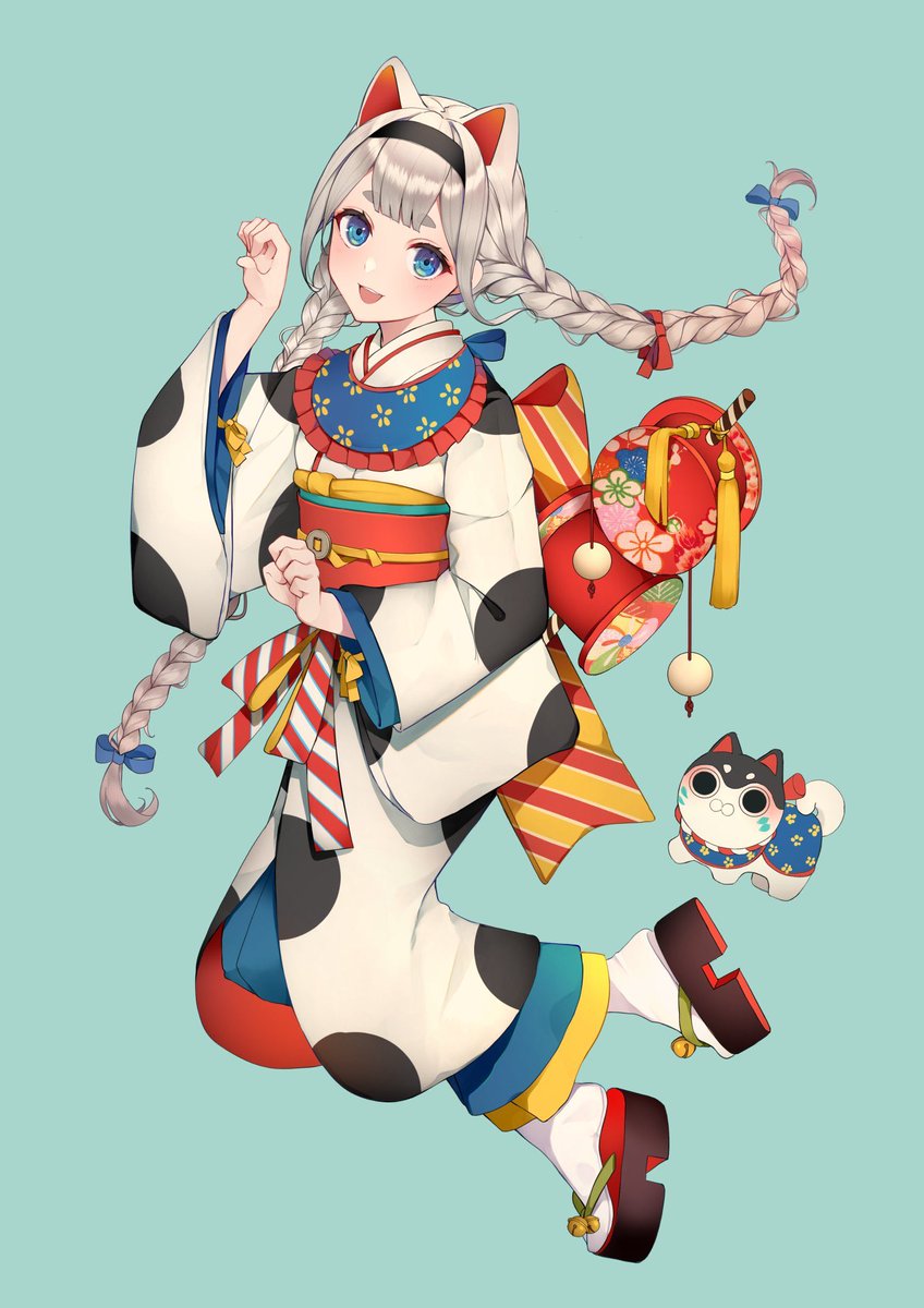 1girl japanese clothes kimono braid solo blue eyes animal ears  illustration images