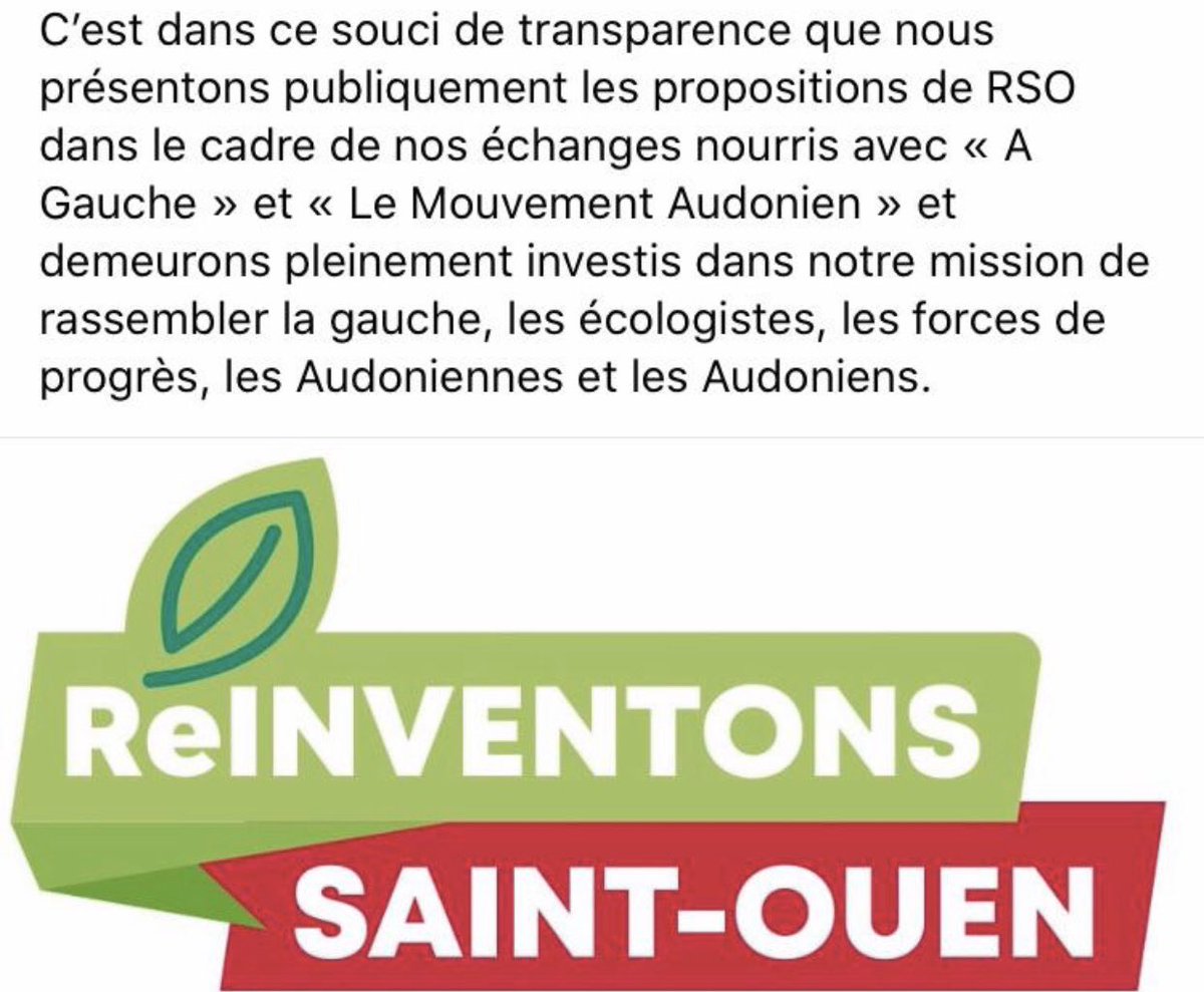 État d’avancement de nos discussions avec les listes de gauche #Elections2020 #secondtour . Notre communiqué <a href="/ReinventonsSO/">Réinventons Saint Ouen</a> <a href="/EELV/">Les Écologistes - EELV</a> <a href="/PCF/">PCF</a> <a href="/fedeps93/">Fédération PS 93</a> <a href="/pcf93/">PCF93</a> <a href="/Anthony_Lieures/">Anthony Lieures</a> <a href="/eelv/">Les Écologistes - EELV</a> <a href="/StephanTroussel/">Stéphane Troussel</a> @sarahproust <a href="/PJouvet/">Pierre Jouvet</a> <a href="/mat_monot/">Mathieu Monot</a> <a href="/partisocialiste/">Parti socialiste</a> <a href="/CorinneNara/">Corinne Narassiguin</a>