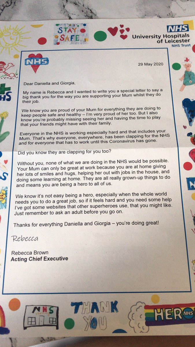 Just received this letter today and it has bought a big smile to my face! Thankyou so much @Leic_hospital. My sister and I are so proud of our mum Bianca, all of her staff on @CCUGLENFIELD and everyone working on the front line at this moment. #ThankYouNHS