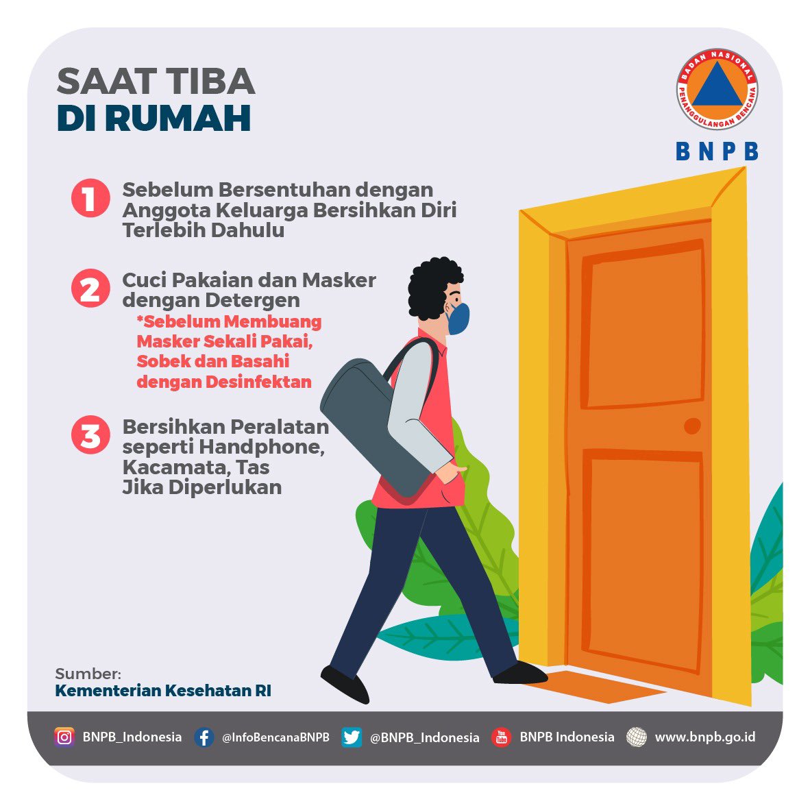 BNPB_Indonesia's tweet photo. Halo #SahabatTangguh, dalam menyesuaikan aktivitas di tengah pandemi Covid-19, yuk simak bersama protokol kesehatan berikut ini! Lakukan dengan disiplin &amp; saling mengingatkan sesama untuk mengikuti protokol yang telah ditetapkan.

#BersatuLawanCovid19 https://t.co/6We2h0l1ee