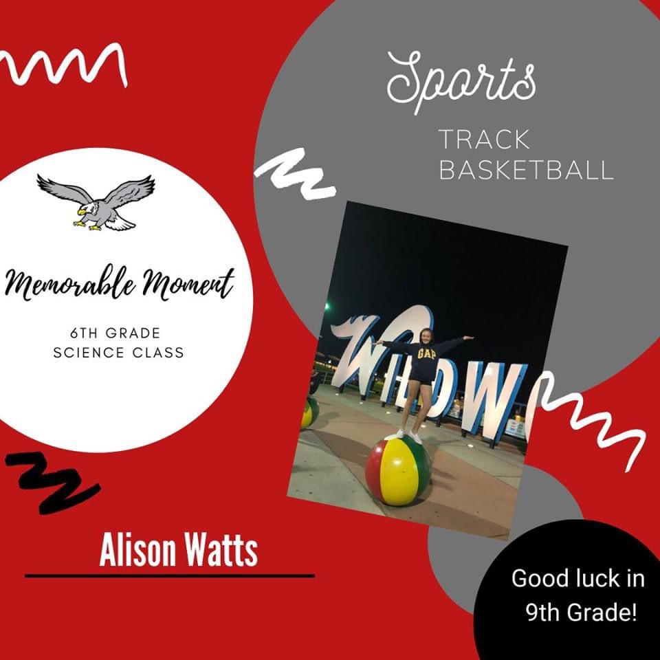 We will be dedicating the month of May to our 8th graders. These students are looking forward to their transition to high school and we hope you enjoy seeing their virtual posters this month. Please comment some encouraging words for each student!