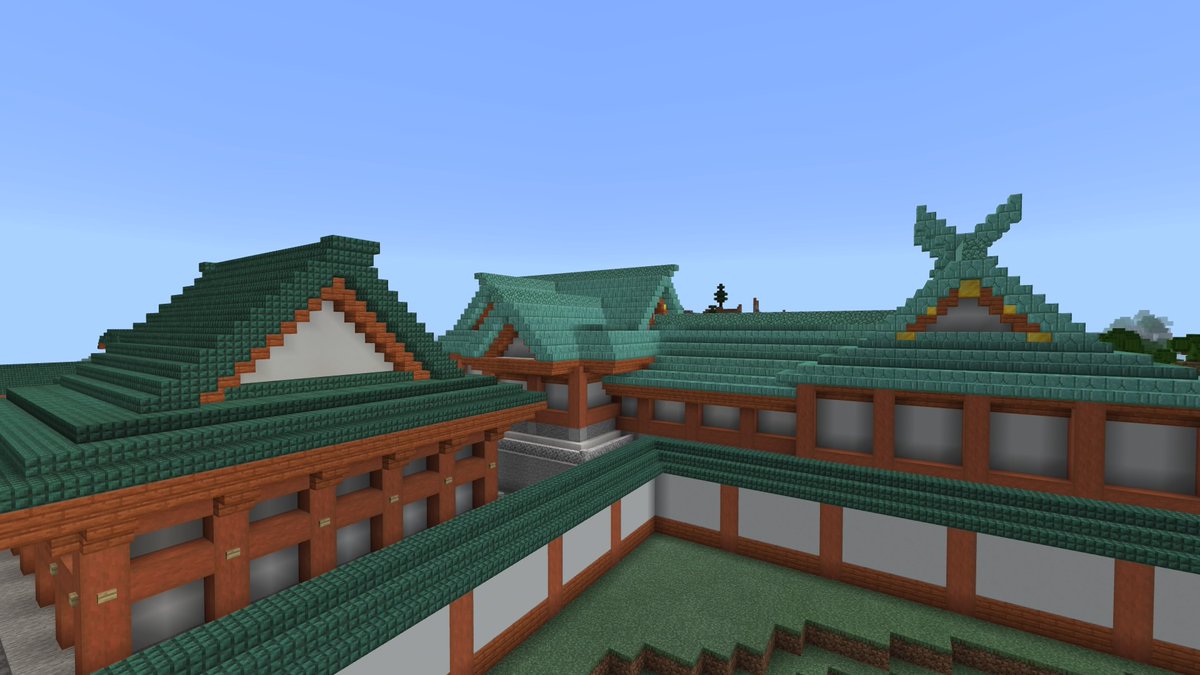 旭雅 على تويتر 日枝神社の拝殿 本殿 山王夢御殿モデルです 屋根頑張りました 下からの視点にも耐えられるようにしたつもり Minecraft Minecraft建築コミュ マイクラ バニラ建築学部