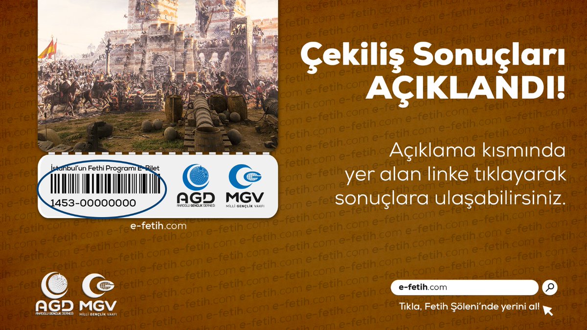 Çekiliş Sonuçları AÇIKLANDI!

#AGDİstanbulunFethi
🔗e-fetih.com