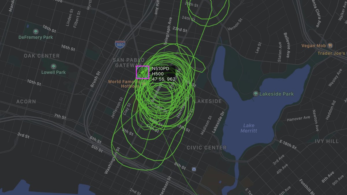 (Oakland PD’s surveillance aircraft,  #N510PD)Aircraft equipped with IMSI catchers—note: it’s unknown if this specific aircraft has one, but many similar aircraft carry them—can create a sort of “crowd census” of unique cellphone IDs.