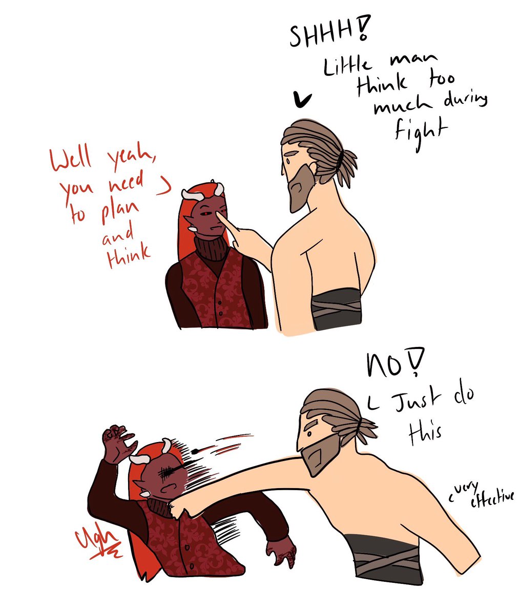 defnotmurder's tweet photo. A convo between my brainiac tiefling and the Goliath barbarian in my party. #dnd #dndart #dnd5e #dndmemes https://t.co/wbkiIl1Fjj