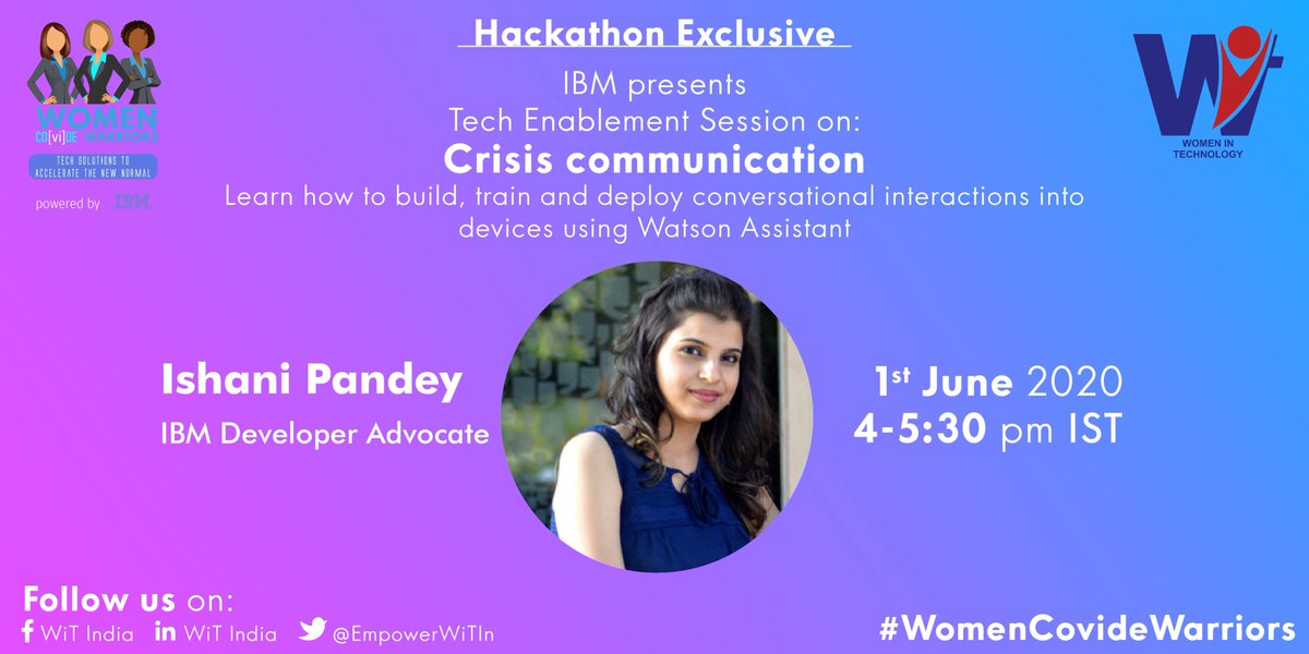#HackathonExclusive:

<a href="/ibm_in/">IBM India</a> presents Tech Enablement Session on Crisis Communication with Ishani Pandey ( <a href="/IBMDeveloper/">IBM Developer</a> ) for all participants registered for 'Women Co[vi]de Warriors' hackathon.

To join the session, click here- bit.ly/WITCFCjune1

#WomenCovideWarriors