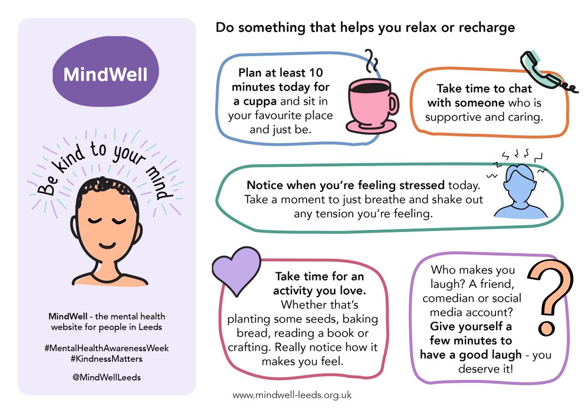 ThriveApproach's tweet photo. A lovely infographic with a few ways to 'be kind to your mind' - have a lovely weekend everyone 🌈 #KindnessMatters

Credit: @MindWellLeeds https://t.co/Jdm2qMOaPe
