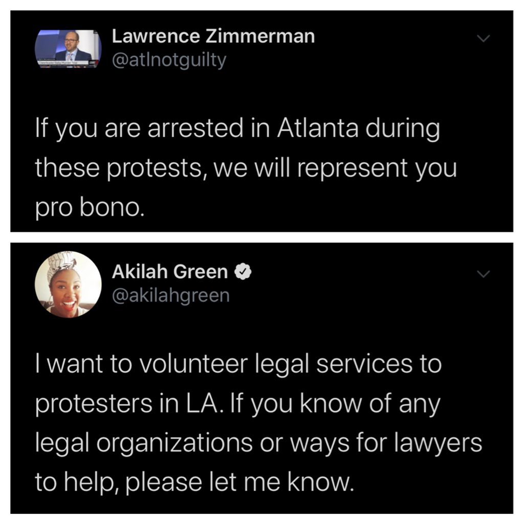 Swaggzeez1's tweet photo. Lawyers offering pro bono services for arrested protestors. Minneapolis, Houston, New York, Atlanta, Los Angeles. #BlacklivesMaters NYPD #riots2020 https://t.co/j61suVnJ1b