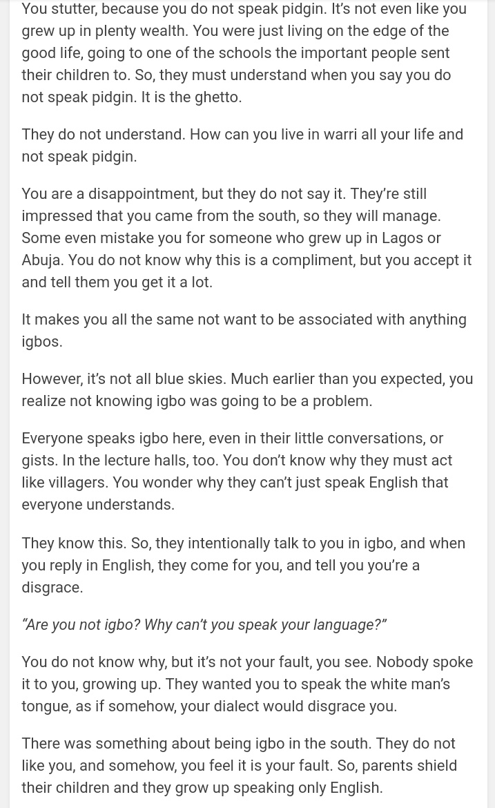 Why is Tife and Sansa Trending when today is Biafra day?? Anyway, to celebrate our history, I wrote for the kids who grew up being too igbo for the south and not igbo enough for the east. Tag all the igbos you know.