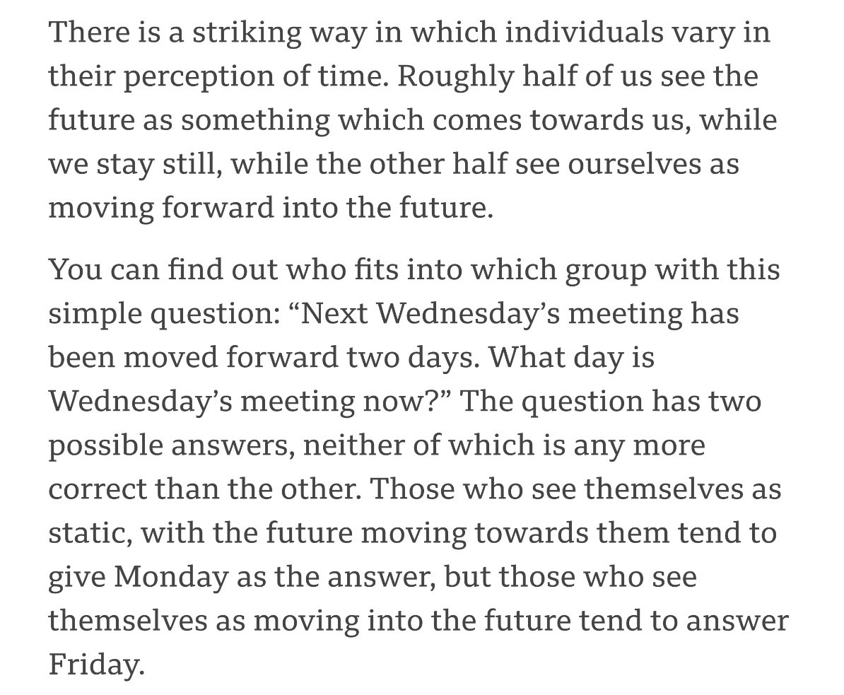 According to the research described in this  @claudiahammond story (via  @davidbauer newsletter), the answer can tell you how you perceive the passage of time.Really interesting, and something I'd never questioned before  https://www.bbc.com/future/article/20200520-why-lockdown-life-feels-like-its-going-faster