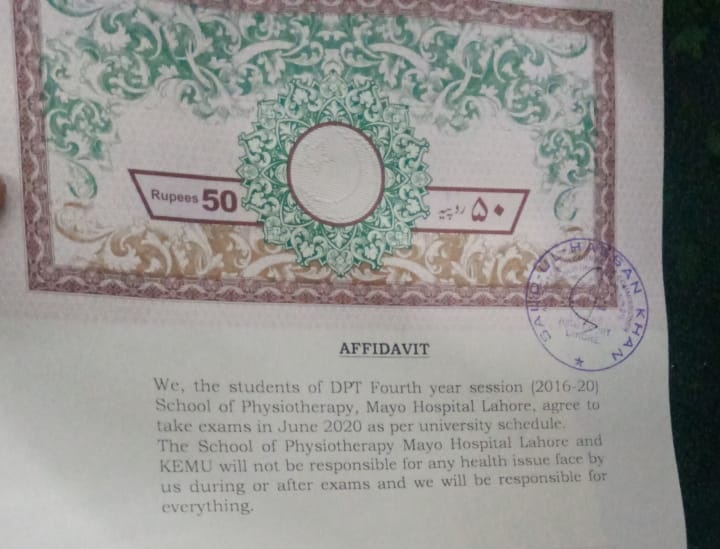 King Edward - a premier medical college of Pakistan - making students sign affidavits that they are responsible for their own health as they take exams scheduled by the university. 

Practicing doctors are dying and upcoming doctors are on their own in this pandemic.