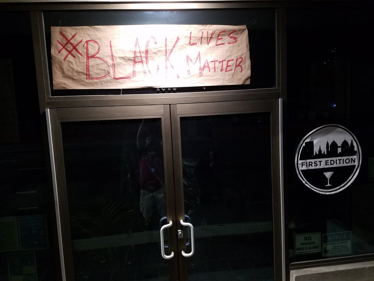  #BlackLivesMatter   banner and no broken windows, like in the old days when some businesses would put Justice for  #OscarGrant signs in their windows.