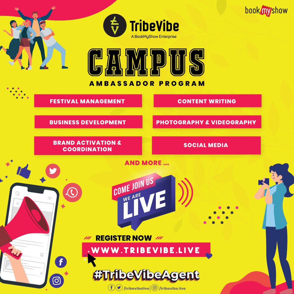 TribeVibeLive's tweet image. It&apos;s here! R #CampusAmbassadorProgram is nw LIVE 🔥
B a part of d most happening #campus circuit &amp;amp; make d most of all d #benefits we have in store for you. Click on this link bit.ly/3c7PmA8 to #register &amp;amp; become a #TribeVibeAgent
#TribeVibe #ItAllStartsHere #BookMyShow