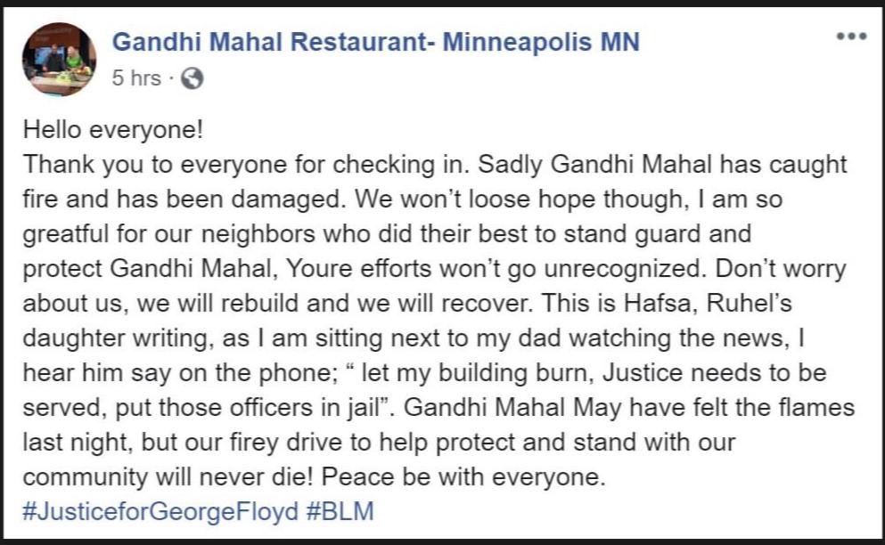 heymazidcom's tweet photo. A restaurant run by a Bengali family was damaged due to a fire during the protests in #Minneapolis. #GeorgeFloyd 
This was the owner's response: https://t.co/nXyMX93atO