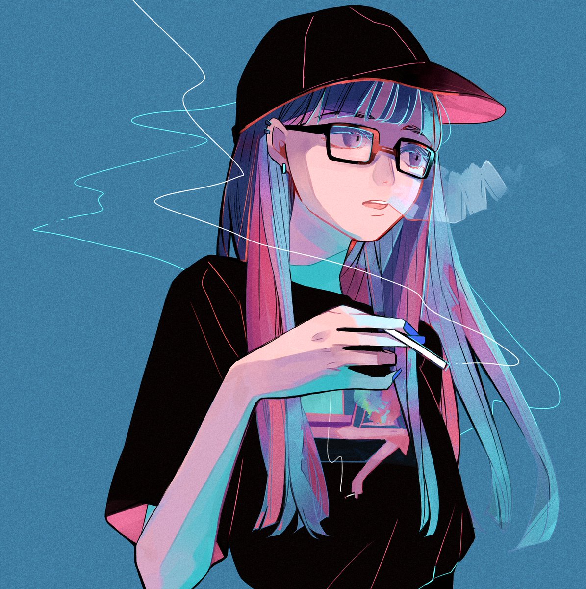 1girl cigarette solo glasses hat smoking long hair  illustration images