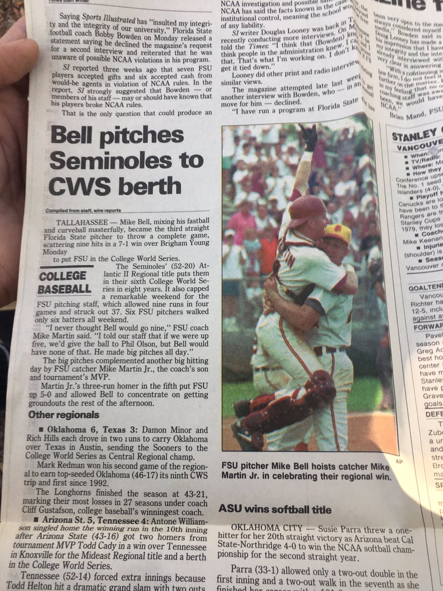 TheBigShooter3's tweet photo. ⚾️ #WhatHappenedToday @FSUBaseball #WeGoingBack #Omaha May 30,1994 

@CoachMikeBell22 pitches #Seminoles to CWS berth w/ complete game! 💪 
https://t.co/gdzB7qdscO
https://t.co/P3bk97FIt9

#Regional MVP Mike Martin, Jr 3 Run 🚀 

Doug Mientkiewicz &amp; Steven Nedeau 3 knocks 
🇺🇸 https://t.co/HSerFS2TJy