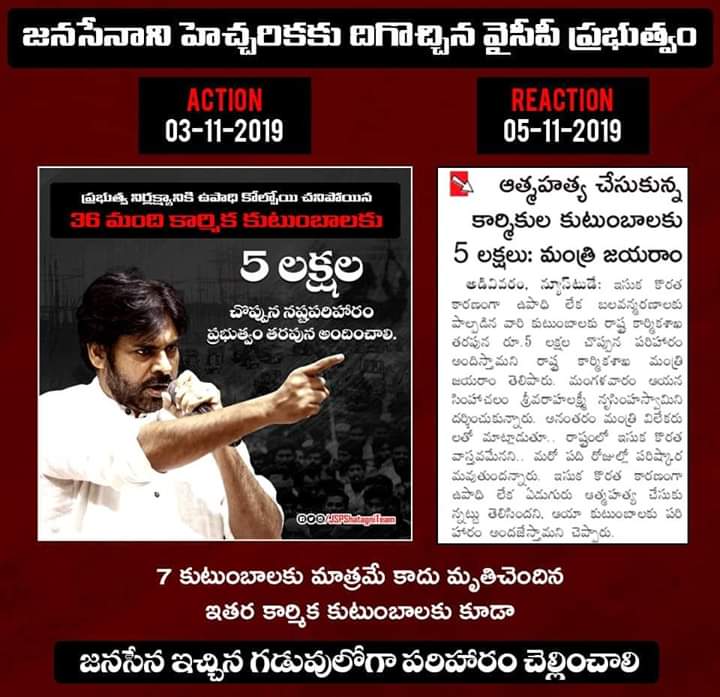 Naresh4News's tweet image. జనసేన హెచ్చరికల నేపథ్యంలో, జనసేన డిమాండ్ మేరకు ఆత్మహత్యలకు పాల్పడిన కార్మిక కుటుంబాలకు 5 లక్షల పరిహారం ప్రకటించిన #YSRCP ప్రభుత్వం. 7 కుటుంబాలకు మాత్రమే కాదు, మృతి చెందిన ప్రతీ కార్మిక కుటుంబానికి న్యాయం జరిగే వరకు జనసేన పోరాటం ఆగదు.

#JSPWithAP
#1YrForYCPFailedGovernance