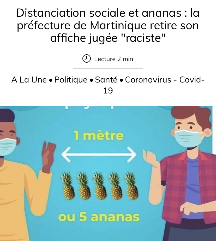 2) Le même jour la préfecture de la Martinique décide que pour expliquer les distances contre le coronavirus, le mieux c’est d’expliquer en Ananas. Alors que c’est même pas un fruit si courant que ça dans le quotidien antillais. C’est même pas du bon mépris.