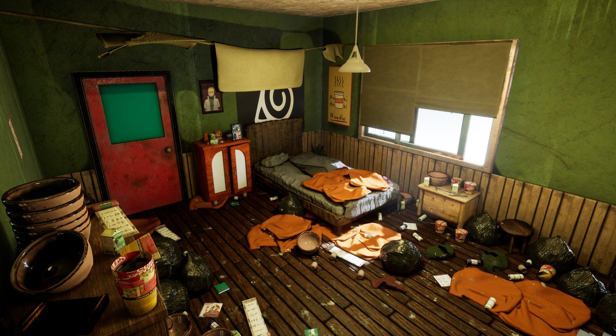 ShantaeHerrmann's tweet photo. lil wip of Naruto's Room in UE4. Needs more work on surfacing and lighting. Still have lots of work to do. Hope y'all like what I have so far. #WIP #3D https://t.co/hVCcGfSmuD
