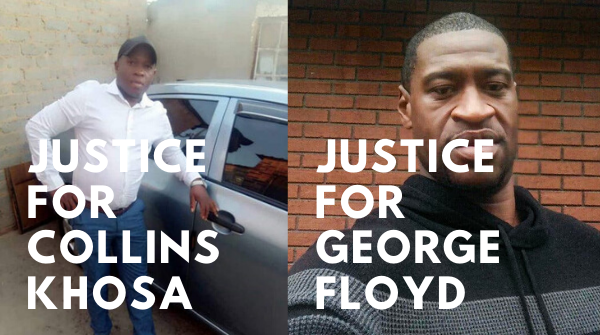While the world mourns the brutal murder of #GeorgeFloyd, we are reminded of how cheap black lives are globally. We demand justice for #CollinsKhosa who was assaulted &amp; died in his home by the people who are meant to protect us! 

#JusticeForCollinsKhosa #JusticeForGeorgeFloyd
