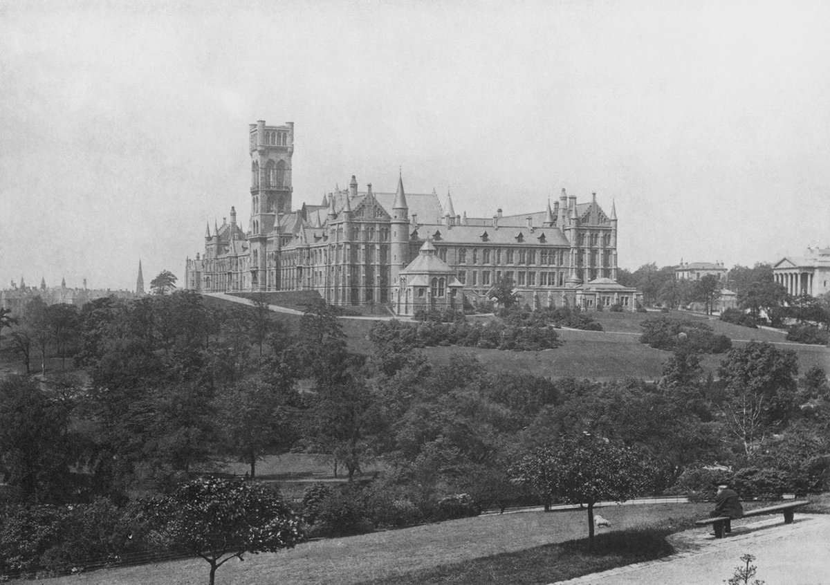 GC_Archives's tweet photo. Great early image of the University of Glasgow, before the addition of its spire,  from Kelvingrove Park, c. 1870 https://t.co/MylTuI2cwf