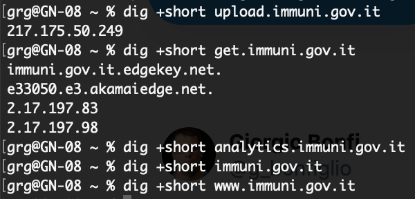 I record DNS di #Immuni hanno preso vita, sembra il lancio si stia avvicinando.

L'endpoint per il recupero dei dati è dietro Akamai e quello per l'upload è ospitato diretto su infrastruttura SOGEI (IP 217.175.50.249).