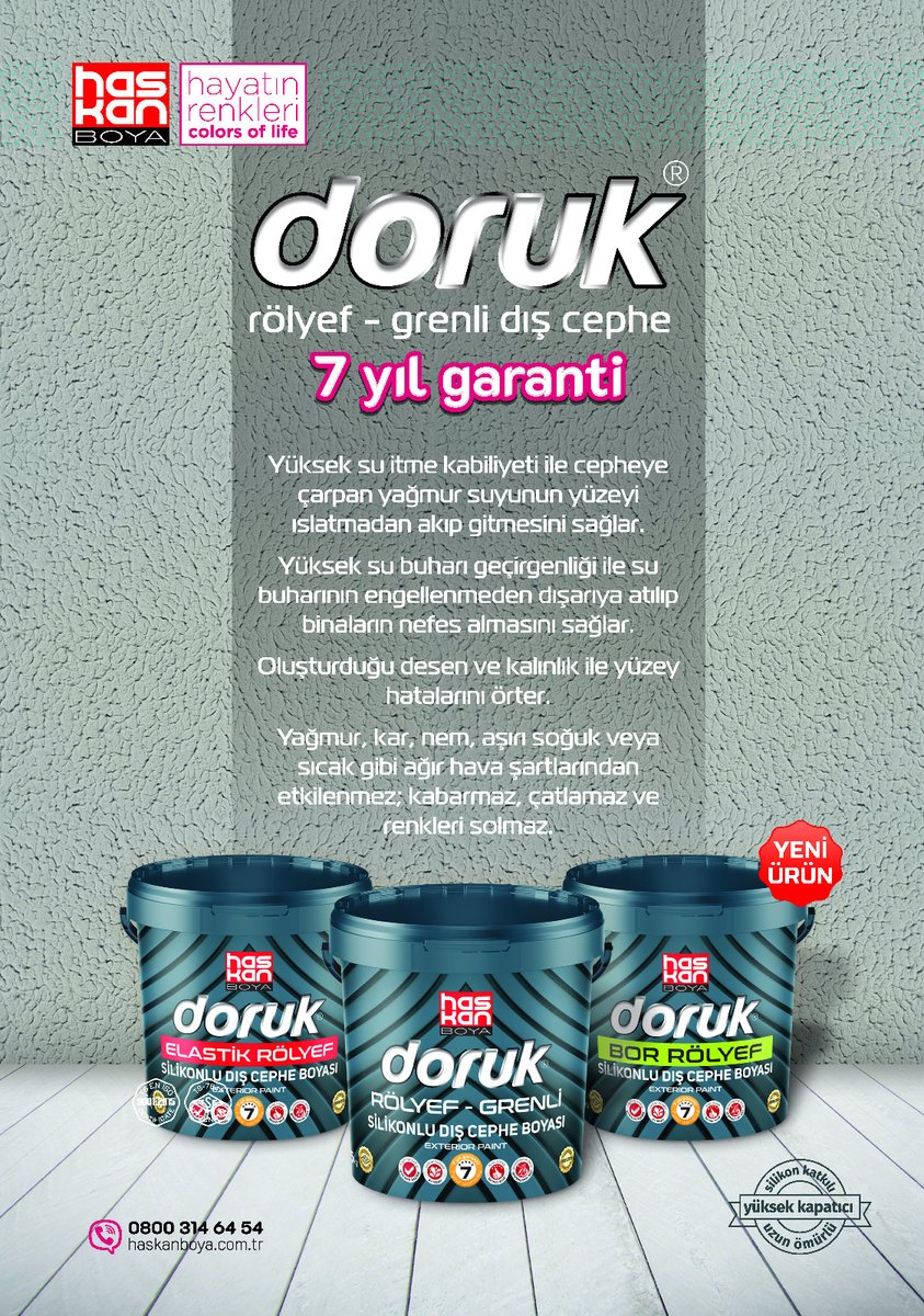 haskanboya's tweet photo. Silikon katkılı,yüksek kapatma gücü ve uzun ömürlü yapısı ile 7yıl garantili doruk rölyef-grenli dış cephe serisi.#ankara #Turkiye #boya #inşaat #paint #beton #grenli #dışcephe #elastik #dekoratif #sıva #yapı #yapımarket #dekor #sanayi #exterior https://t.co/hvbiLRhRfK