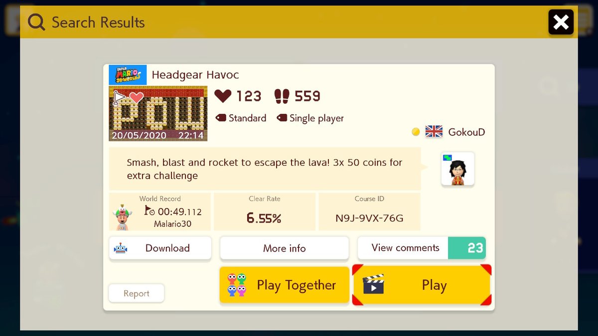Super Mario UK (@SuperMario_UK) on Twitter photo 2020-05-30 11:30:17 Congratulations to @GokouD, the winner of the Super Mario 3D World theme in our Super Mario Maker 2 competition! Try Headgear Havoc! yourself with the course ID: N9J-9VX-76G Watch @JonComms play the top ten Super Mario 3D World themed entries here: bit.ly/3dtogoA Congratulations to @GokouD, the winner of the Super Mario 3D World theme in our Super Mario Maker 2 competition! Try Headgear Havoc! yourself with the course ID: N9J-9VX-76G Watch @JonComms play the top ten Super Mario 3D World themed entries here: bit.ly/3dtogoA