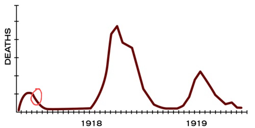 TubaRuss's tweet image. This is a graph of the 1918 pandemic. I've circled where we are currently. Let's be absolutely clear that the government are easing restrictions based on a hope that this will not repeat. Hope it pans out.