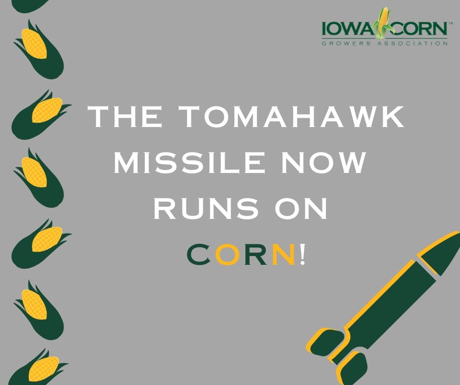 iowa_corn's tweet photo. Did you hear the great news? The Tomahawk Missile is now using corn to fuel it! A new fuel has been developed that uses corn bran and other feed-stocks to replace petroleum products. Check out the link below for more information: https://t.co/LfzpyNMOgD https://t.co/qIh7N5oWuh