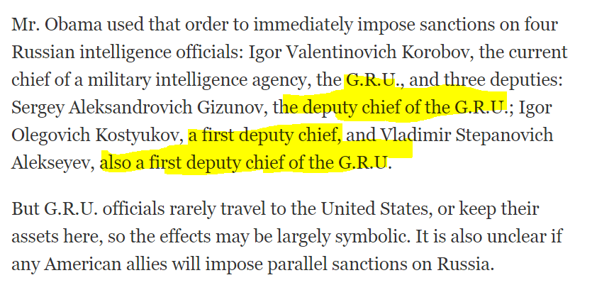 5/ I also noticed a curious detail about sanctioned intel officials listed by name in Exec Order. All four were noted in Dec 29, 2016 NYT article as being GRU (military intelligence) officials, no FSB officials.