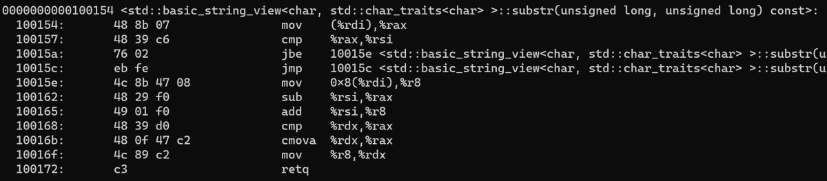 Isn't it great when string_view::substr doesn't get inlined and is 31 bytes? That's -O3 LTO, but callers are cold, which is supposed to be "optimise for size", but is more like "don't inline stuff". There's also pos bound checking, which C++ for some reason requires for substr.