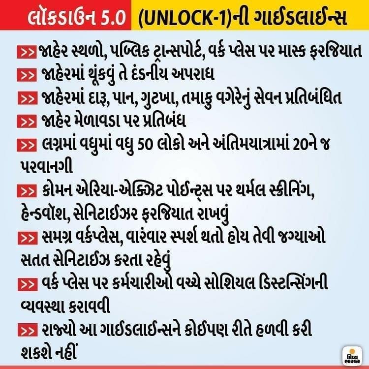 navsarians's tweet photo. UNLOCK1 / કન્ટેનમેન્ટ ઝોનમાં 30 જૂન સુધી લોકડાઉન, બાકીના વિસ્તારોમાં શોપિંગ મોલ, હોટલ ખુલશે; સિનેમા હોલ અને મોટા આયોજન હજુ બંધ
કન્ટેનમેન્ટ ઝોન સિવાયના વિસ્તારોમાં તબક્કાવાર સેવાઓ શરૂ થશે
 #Lockdown5 #lockdownextension #lockdown #unlock1 #unlock https://t.co/zXky8uz4gU