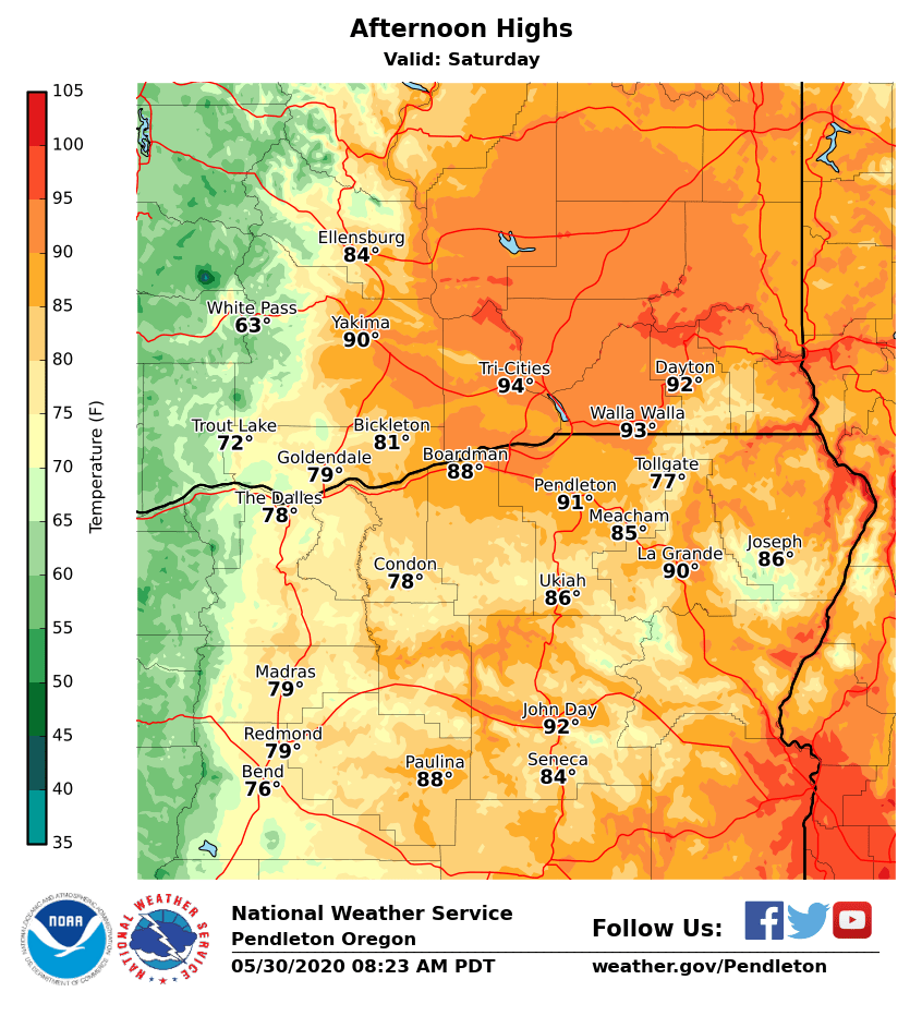 NWSPendleton's tweet photo. Continued very warm &amp; muggy today ahead of this afternoon/evening storms. Behind the storms, winds will increase later this afternoon &amp; continue into the evening. Winds associated w/ the storms &amp; behind the storms could be strong enough to produce some blowing dust in the basin. https://t.co/jVwt5t0lvN