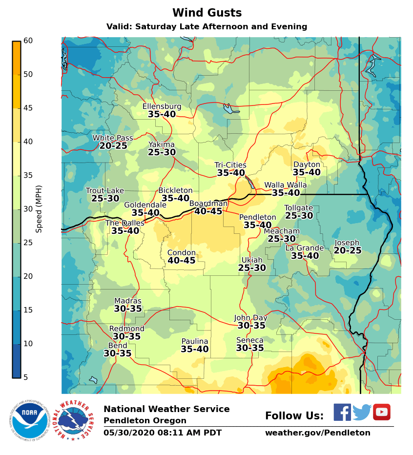 NWSPendleton's tweet photo. Continued very warm &amp; muggy today ahead of this afternoon/evening storms. Behind the storms, winds will increase later this afternoon &amp; continue into the evening. Winds associated w/ the storms &amp; behind the storms could be strong enough to produce some blowing dust in the basin. https://t.co/jVwt5t0lvN