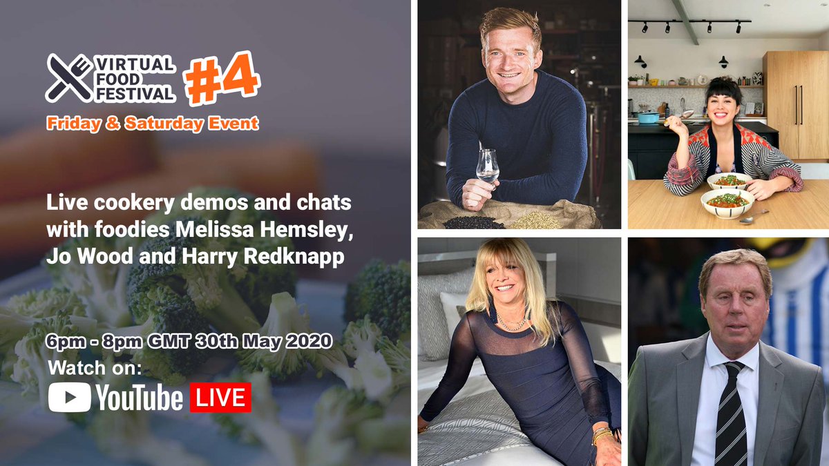 The final session of #VirtualFoodFestival is starting in 10 minutes at 6pm LIVE on YouTube watch it here &gt; youtube.com/watch?v=PlxR12… 

Cookery demos and foodie chats with <a href="/MelissaHemsley/">Melissa Hemsley</a> <a href="/JoWoodOfficial/">Jo Wood</a> &amp; Harry <a href="/Redknapp/">Harry Redknapp</a>